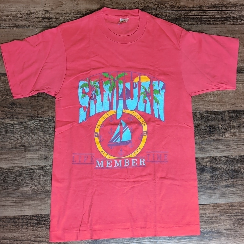 Vintage 90s San Juan T-Shirt Medium Pink 1991 Hotline Design Graphic Tourist Tee